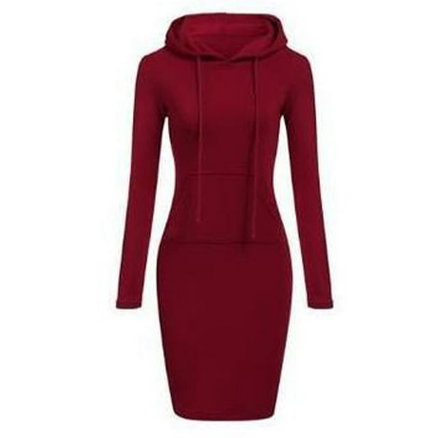 LUXUR Robes à Capuche pour Femmes Manches Longues Pull à Capuche Couleur Unie Robe Sweat Ajustée avec Cordon Rouge TTG