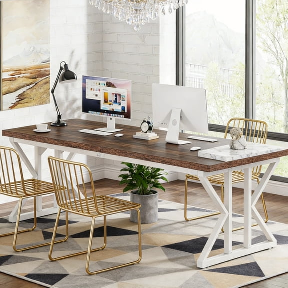 6.56FT Conference Table, 78.74 L x 27.55 W x 29.92 H Inches Rectangle Meeting Room Table, Rustic Wood Seminar Table Executive Desk for Office, Conference Room(Brown/White)