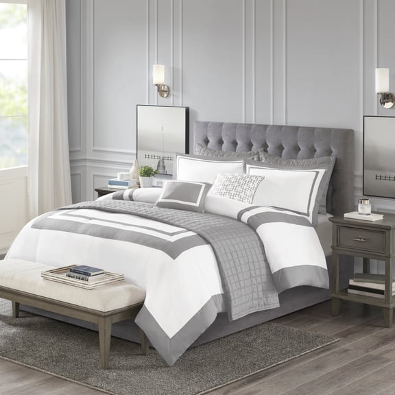 Noaman 8 Piece Comforter and Quilt Set Collection Grey Full/Queen, Hotel Bedding with Decorative Pillows, Hypoallergenic Polyester