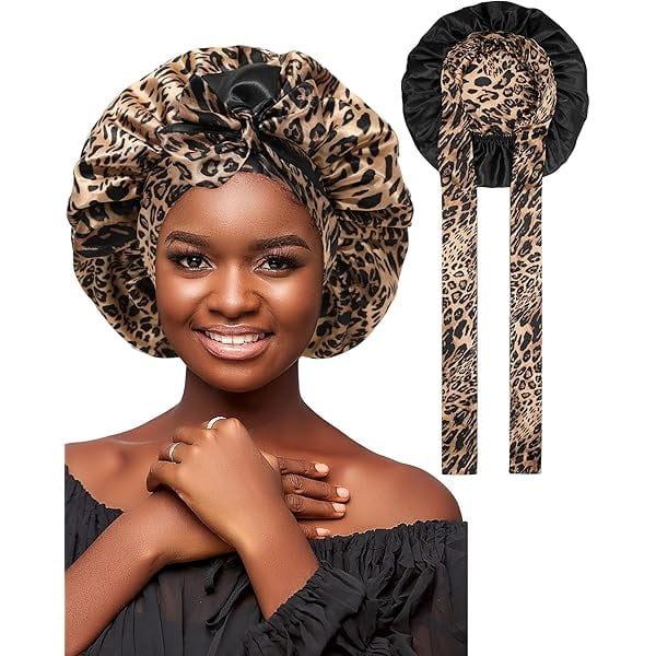 wonima11 Satin Bonnet Silk Hair Wrap for Sleeping - Reversible Night Cap with Tie Band (Leopard + Black)