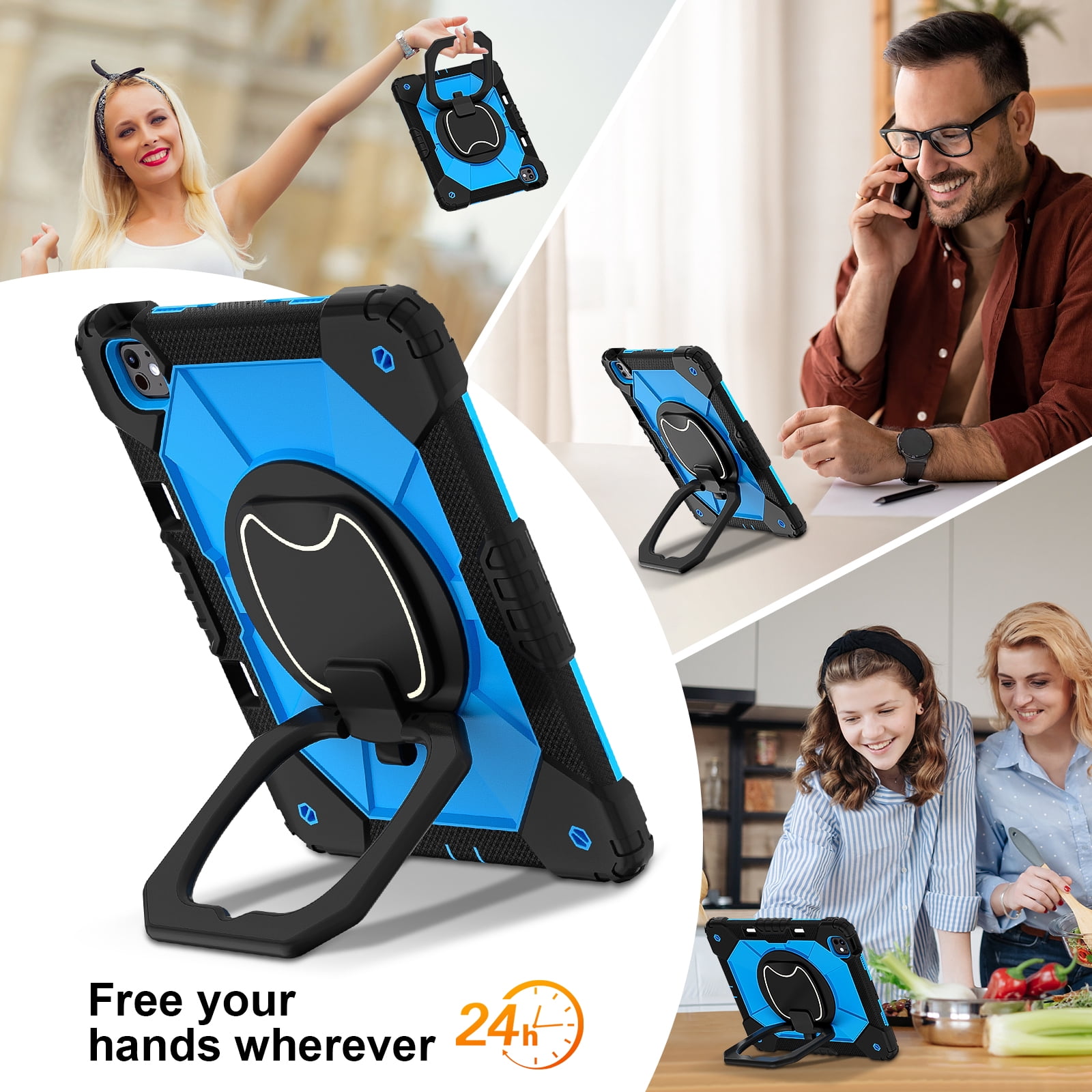 Decase Kids Case for Apple iPad Pro 13 13-inch (M5)(M4) 2025/2024,Shockproof Rotatable Stand Cover,Detachable Shoulder Strap,Rugged 3-Layer Tablet Shell with Pen Holder,Black+Blue