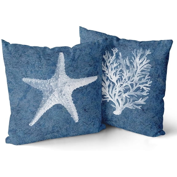Starfish Pillow Covers Coastal Coral Nautical Blue Seas Throw Pillow 18X18 Inch Home Decor for Bedroom Living Room Sofa Linen Decorative Pillowscase Square Cushion Cover