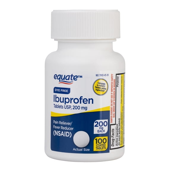 Equate Dye-Free Ibuprofen Tablets, 200 mg, Pain Reliever and Fever Reducer, 100 Count - Compare to Advil Tablets
