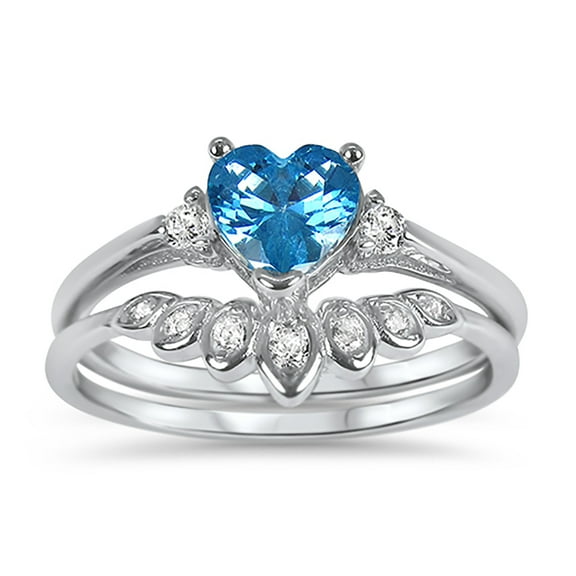 Sterling Silver Aquamarine Heart Shape CZ Wedding Engagement Ring Set for Women Size 5