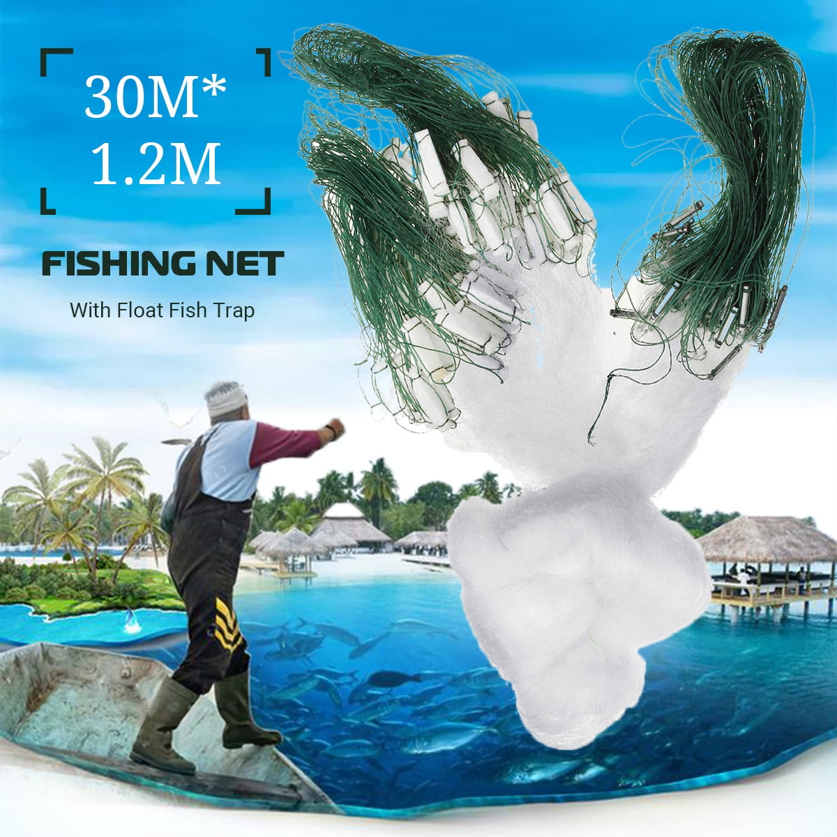 30x1.2M Fishing Net with Float Fish Trap Monofilament Mesh Gill Cast