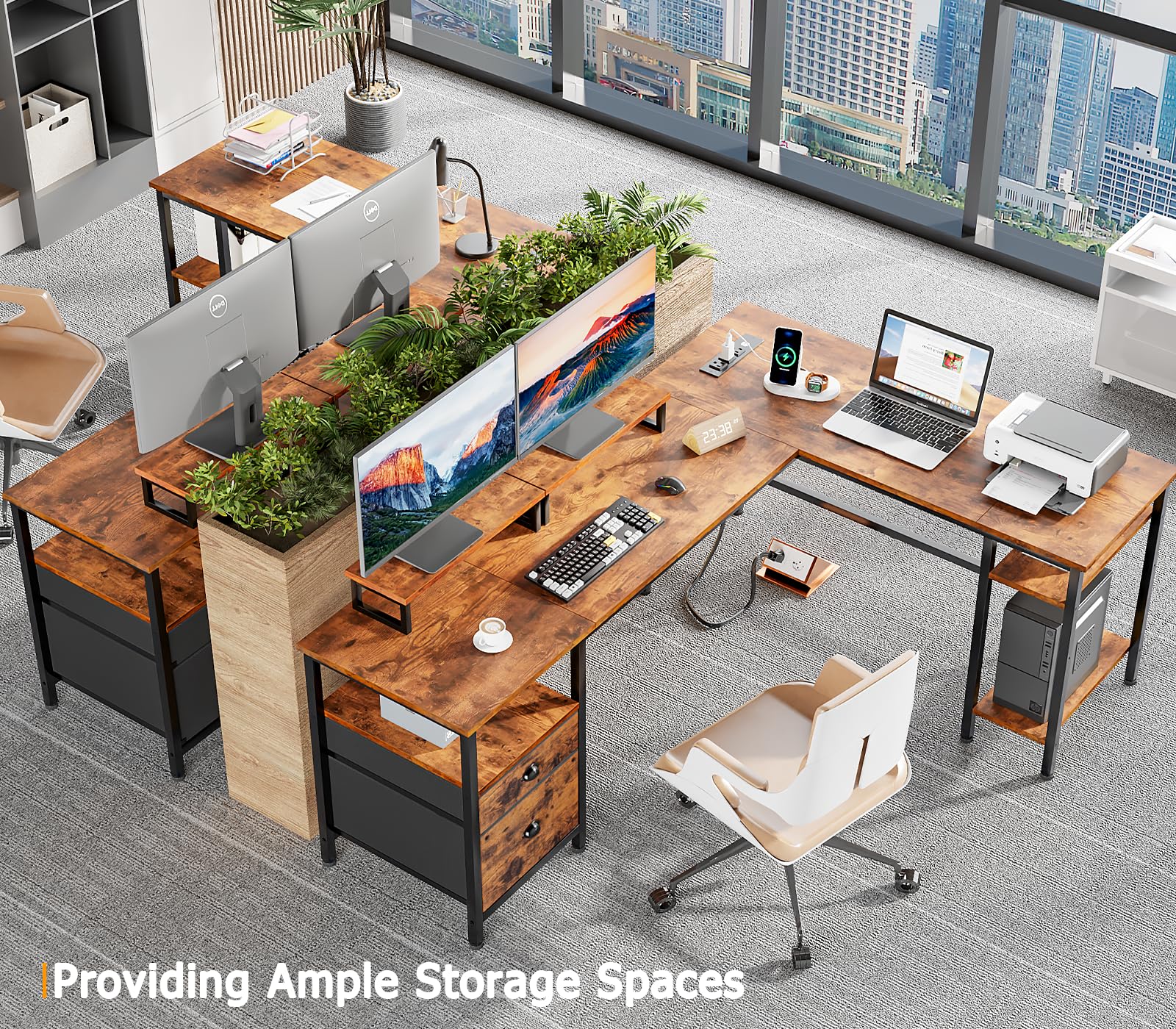 Furologee 66” L Shaped Desk with Power Outlet, Reversible Computer Gaming Desk with File Drawer & 2 Monitor Stands for Home Office with Storage Shelves, Rustic Brown