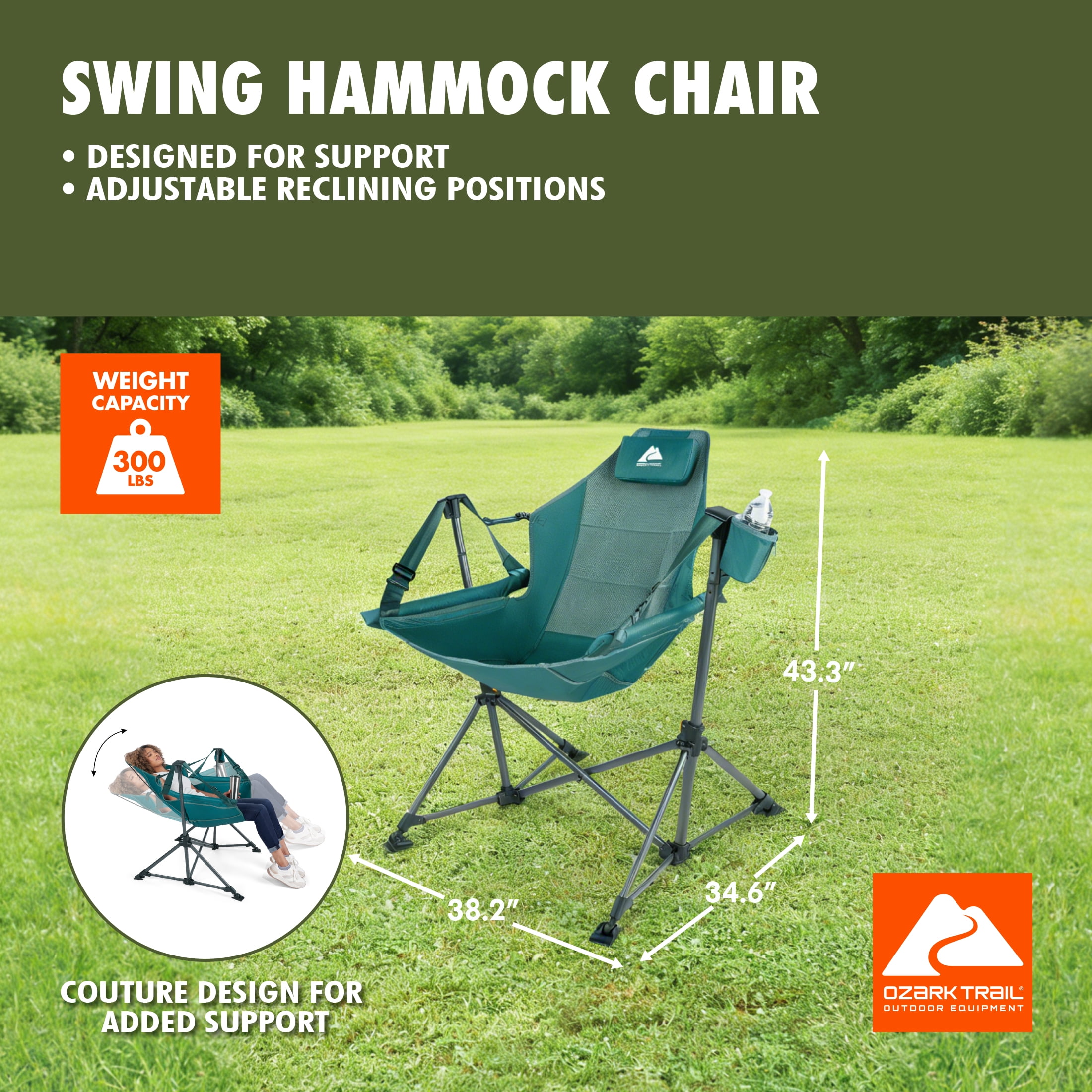 Ozark Trail Swing Hammock Chair, Green, Portable