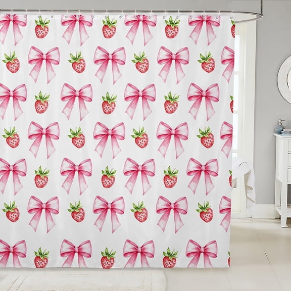 Pink Bowknot Kids Shower Curtains,Strawberry Summer Fruit Toddler Bathroom Curtains for Girls Women,Bow Tie Butterfly Knot Princess Cartoon Cute Waterproof Curtains,12 Hooks Suits,72"W x 84"L