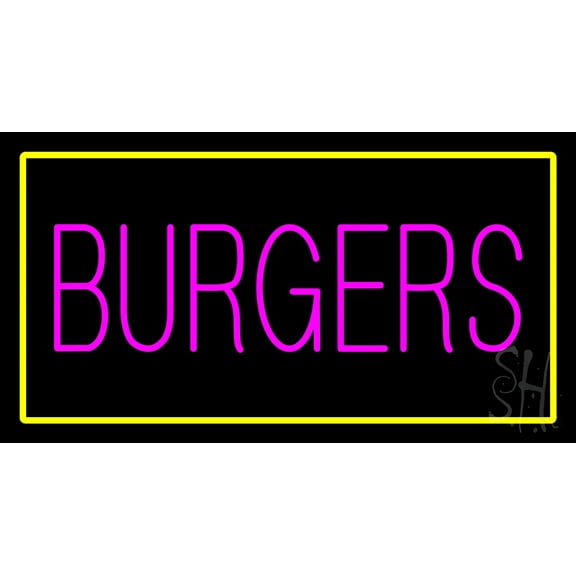 Pink Burgers Rectangle Yellow LED Neon Sign 20 x 37 - inches, Black Square Cut Acrylic Backing, with Dimmer - Bright and Premium built indoor LED Neon Sign for restaurant window and interior decor.