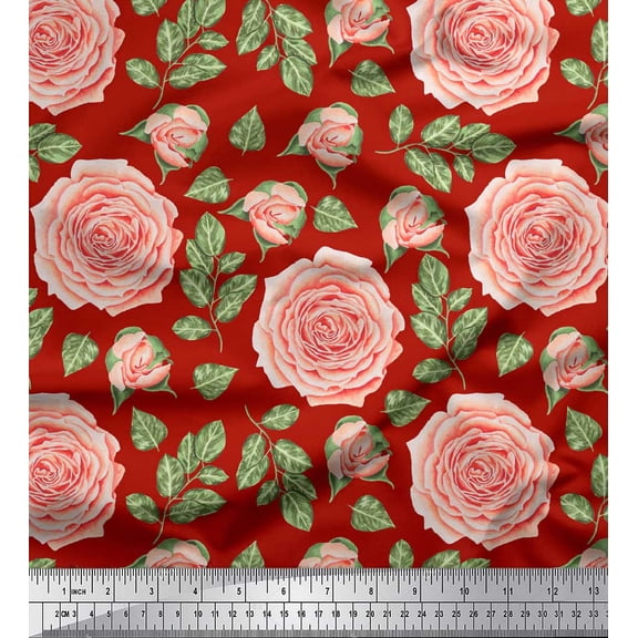 Soimoi Red Cotton Duck Fabric Leaves & Camellias Floral Decor Fabric Printed Yard 42 Inch Wide