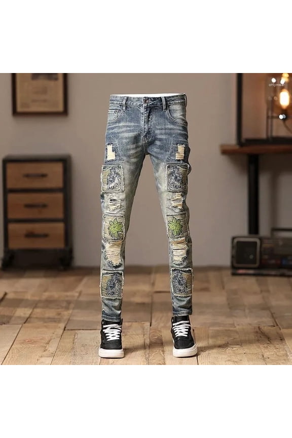 Men's Jeans High Street Fashion Vintage Blue Elastic Slim Fit Designer Bicycle Homme Spliced Hip Hop Pants