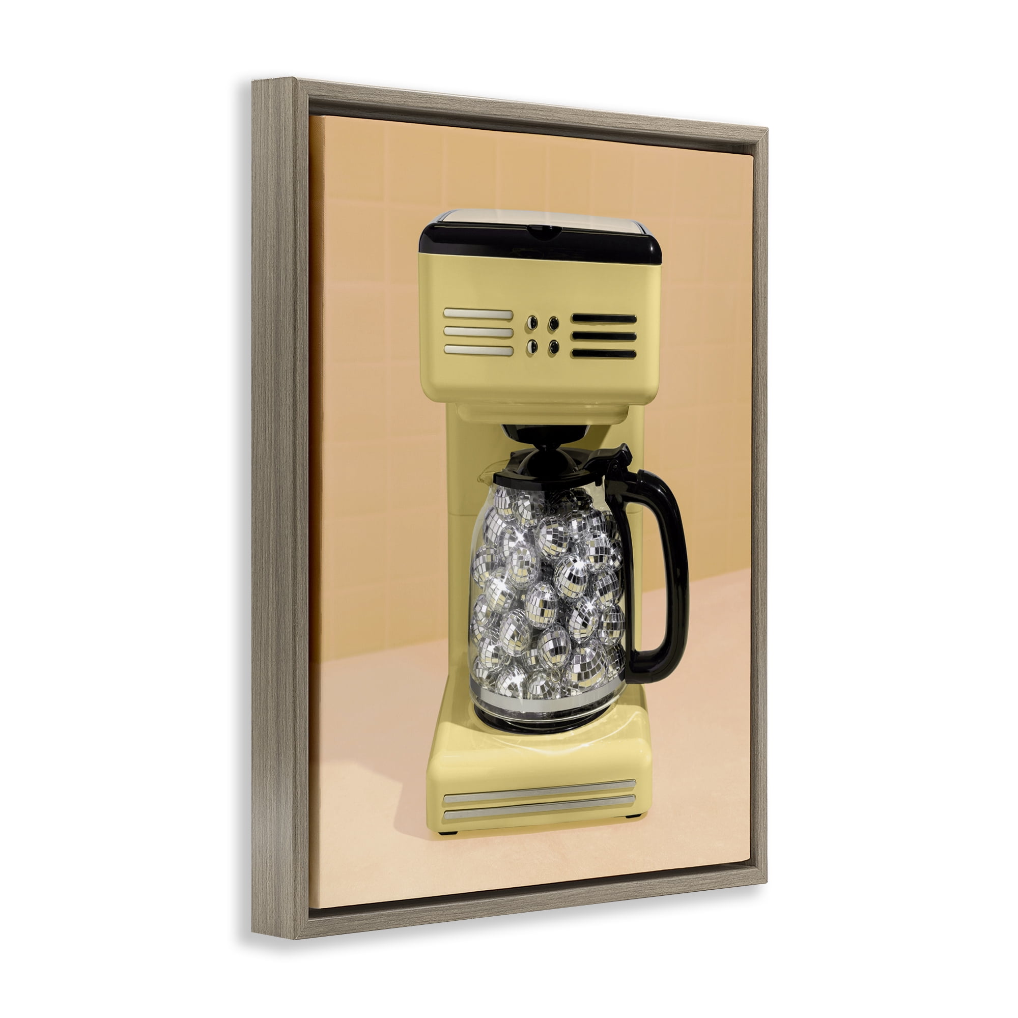 Stupell Industries Disco Coffee Maker over Yellow Brown Framed Floater Canvas Wall Art, design by LISH Creative