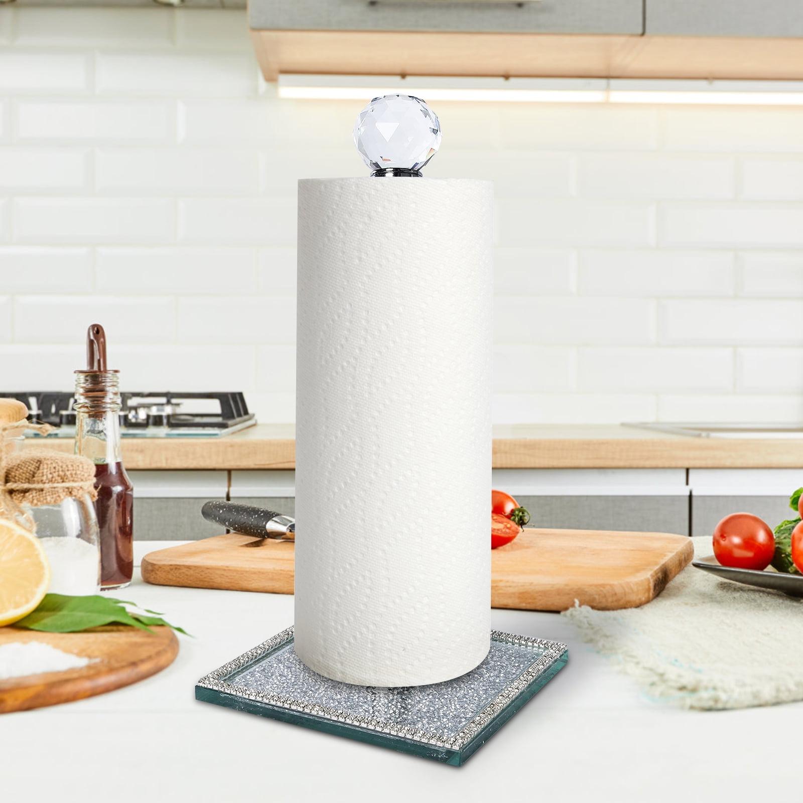 Paper Towel Holder Stand, Countertop Paper Towel Roll Dispenser Holders with Cube Base, Tissue Countertop Filled with Sparkly Crystal Crushed Diamond House Decor for Kitchen Bathroom (Silver-Square)
