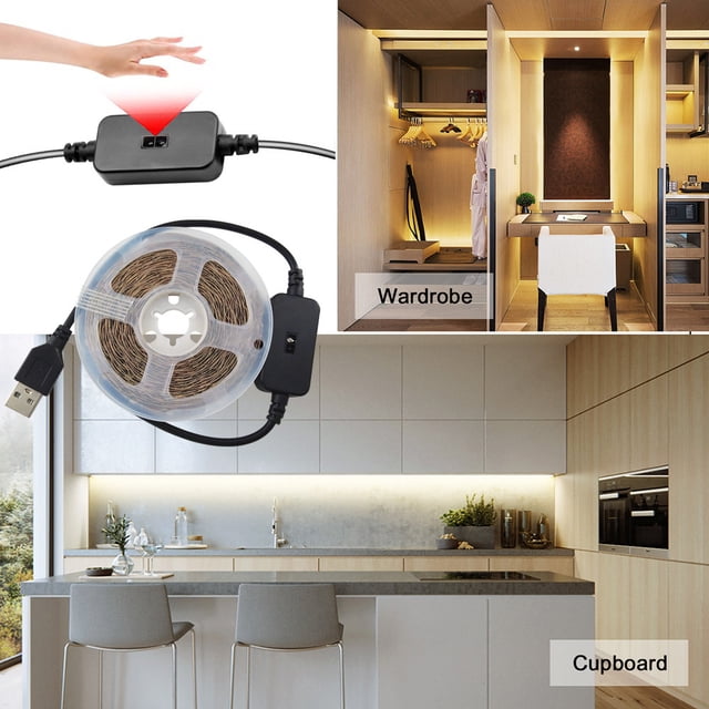 Tira de luz con sensor de escaneo manual inteligente USB de 5 V, tira de luz infrarroja, tira de luz blanca en forma de S 2835