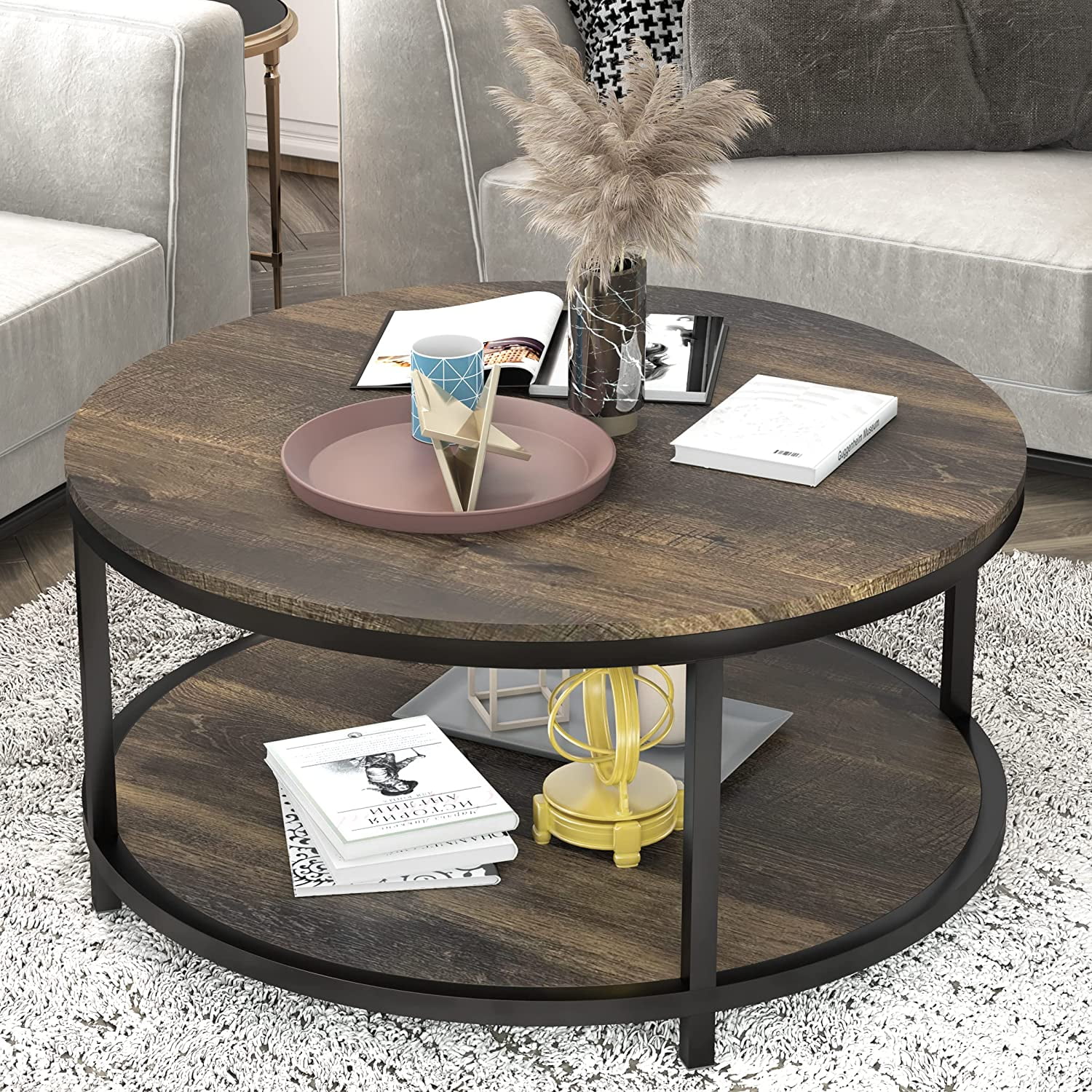 Tfxhua 36 inch Round Coffee Table,Coffee Table for Living Room,2Tier
