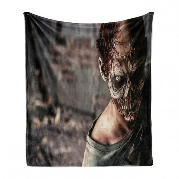 Zombie Soft Flannel Fleece Throw Blanket, Dead Person in Ruined House with Creepy Looking Murder Killing Scary Print, Cozy Plush for Indoor and Outdoor Use, 60" x 80", Taupe Peach, by Ambesonne
