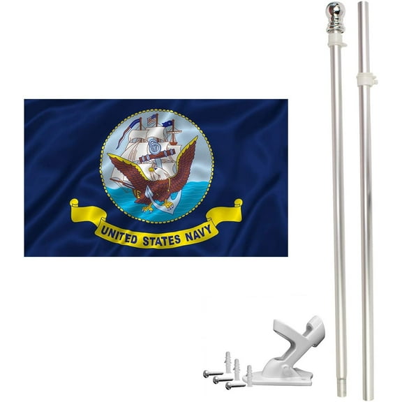 FFN 6ft Flagpole, Tangle Free Spinning Aluminum Telescopic Flag Pole and Mount for 3x5ft or 2x3ft Flags, Includes a 3x5 Foot US Navy Flag (6' Silver)