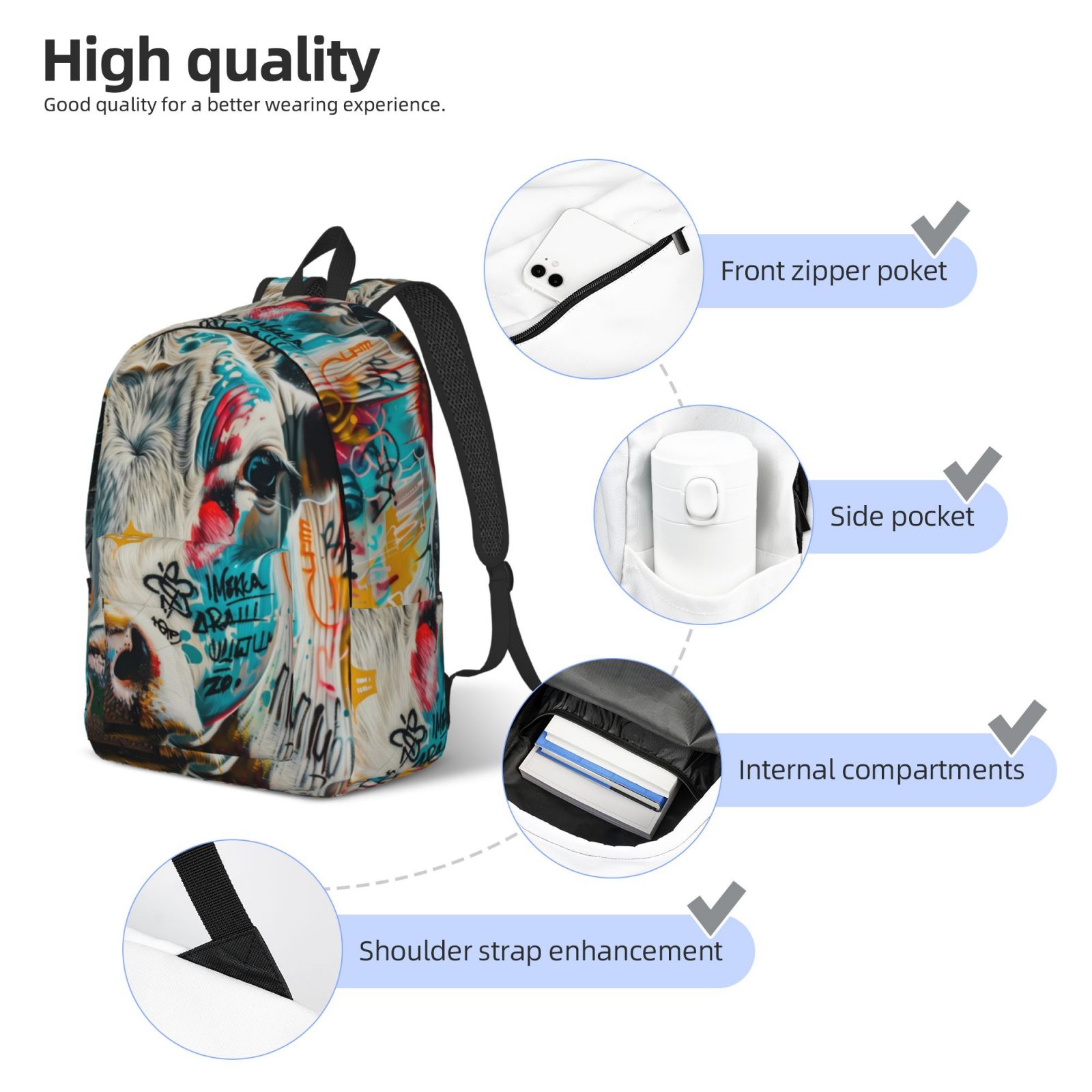 Picia Colorful Graffiti Cow Printed Canvas Daypack - Stylish and Durable Vintage Compact Backpack - Class, Work, Travel, or Laptop Bookbag,Organized Compartments-Small