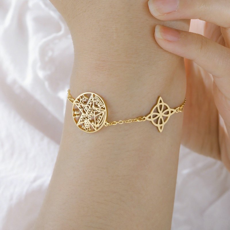 Triple Symbol Witch Knot Virgin Mary Pentagram Tetragrammaton 14K Gold Filled Bracelet for Men Women Faith Inspired Gift Ready Statement Fashion Jewelry