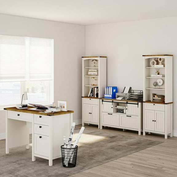 FIAKOA 4 PC Home Office Desk Set, Executive Office Desk Set with File Cabinet & Bookshelf Set , White