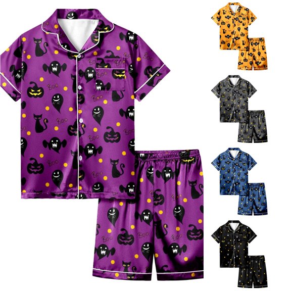 RMGVDSD Girls Halloween Pajamas Set 2 Piece Sleepwear Kids Cartoon Print Short Sleeve Shirt and Shorts Pajama Sets Stylish Loungewear 8-9 Years