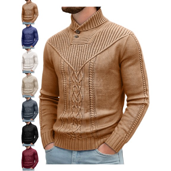 Men's Cable Knit Sweater Mock Neck Long Sleeve Pullover Regular Fit Warm Fall Winter