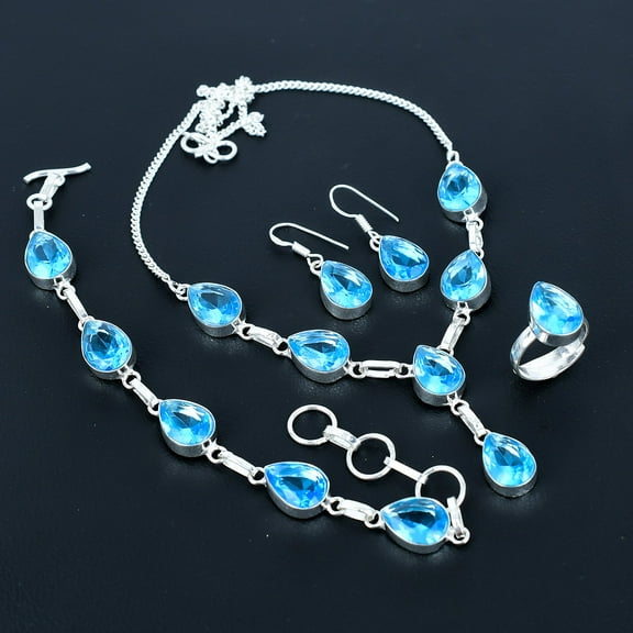 London Blue Topaz Pear Gemstone Handmade 925 Sterling Silver Jewelry Set VJ 204