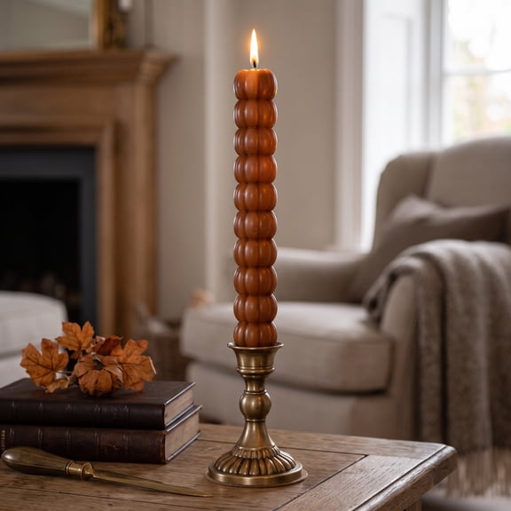 MYUNNIL Halloween Pumpkin Taper Candles, 10" Brown Fall Vintage Stacked Pumpkin Shaped Decorative Candle for Home Party Mantel Table Decor