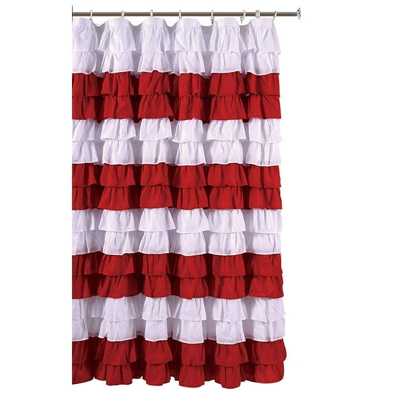 Waterfall Ruffled Nautical Stripe Fabric Shower Curtain (White/red)