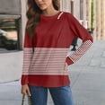 thumbnail image 4 of Uootdi Women's Burgundy Long - Sleeve Top, White Stripe Panel & Shoulder Button Detail, Crewneck Casual Shirt, Trendy Fashion Blouse Wine Women Top, 4 of 6