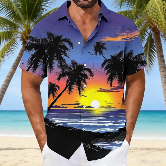 Men's Long Sleeve Hawaiian Print Pullover Shirt with Button Front and Pockets for Casual Wear
