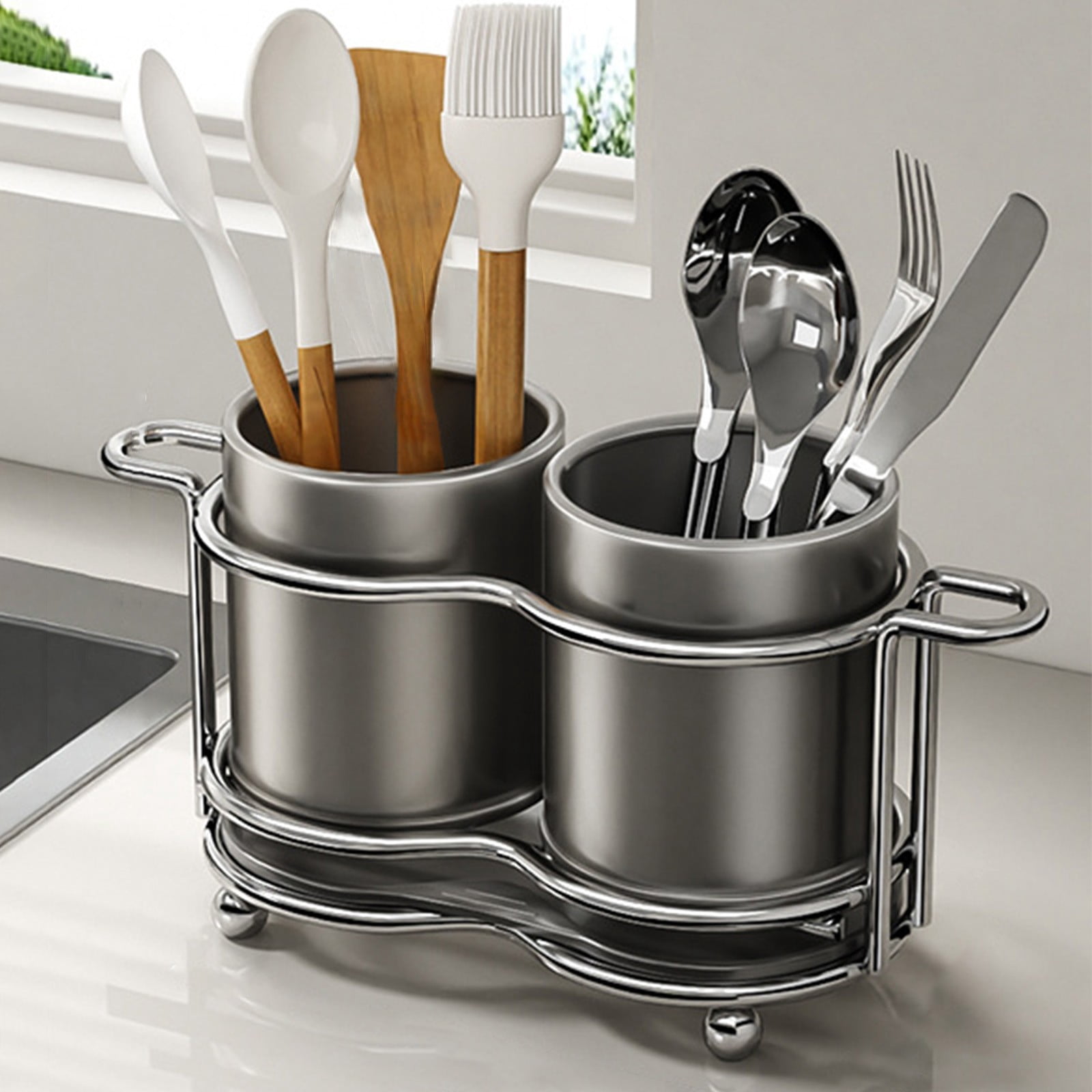 AYktou Metal Utensil Holders, Kitchen Countertop Silverware Organize Tool Stand, Tableware Storage Bucket Spoon Holders with 2 Compartments, Knife Fork Draining Rack Tool Caddy Cutlery Organizer