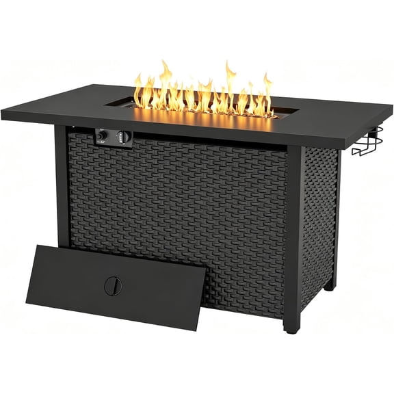 SUNCROWN 43in Outdoor Fire Pit Table, 50,000 BTU Wicker Patio Propane Gas Fire Pit with Aluminum Tabletop, Firepit Lid, Decorative Fire Rocks, Cup Holders , Black