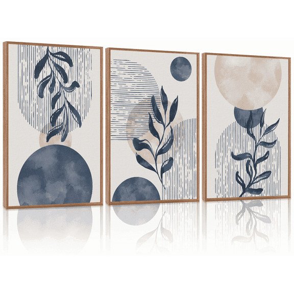 TOARTi Boho Plant Wall Art Set of 3,Blue Bohemain Framed Canvas,Abstract Geometric Line Wall Painting,Modern Nature Prints,Botanical and Moon Wall Art for Living Room Bedroom Office - 3Pieces,16โX24โ