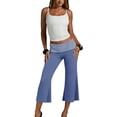 thumbnail image 6 of Fold Over Gaucho Pants for Women Flowy Wide Leg Yoga Capri Elastic Low Rise Striped Cropped Palazzo Culottes Dark Blue XL, 6 of 6