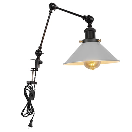 Kiven Dimmable Clip-on Desk Lamp, 1-Light Iron Modern Nightstand Lamp with Flexible Swing Arm, 8.2FT Plug in Cord, Decorative Clamp Lamp for Office Desk Bookshelf Cabinet E26 Sokcet,Silver