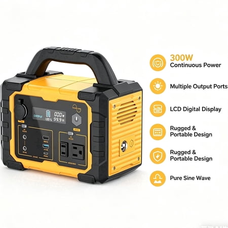 300W Portable Power Station, 299Wh LiFePO4 Battery Backup with 60W Fast Charging, 300W (Peak 600W) AC Outlets, Solar Generator for Outdoor Camping, RVs, Home Use