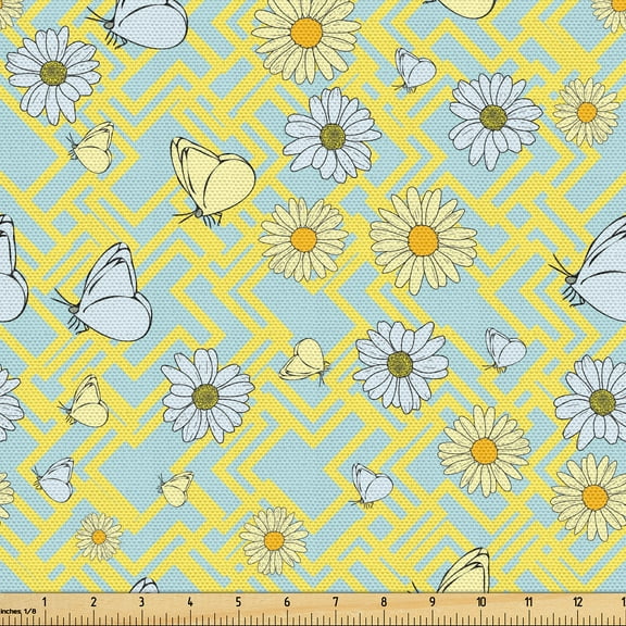 Ambesonne Spring Fabric by the Yard Upholstery, Daisy Butterfly Stripe Art, 5 Yards, Pastel Yellow Orange