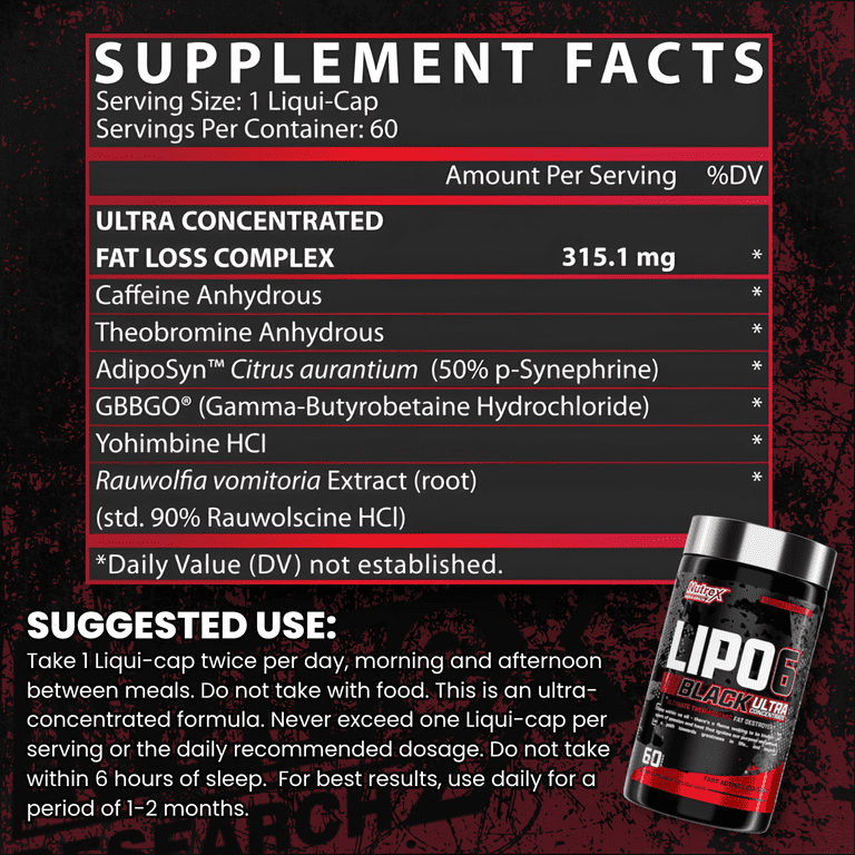 lc526 lipo c fat blaster Nutrex Research Lipo 6 Black Ultra Concentrate, Thermogenic Metabolism  Support Supplement, 60 Count