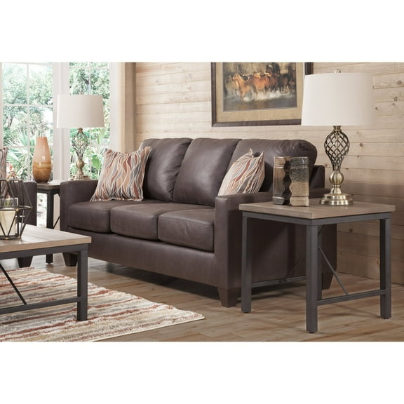 HomeStock Handmade Home Square Arm Sofa in Brown Faux Leather with Two Accent Pillows