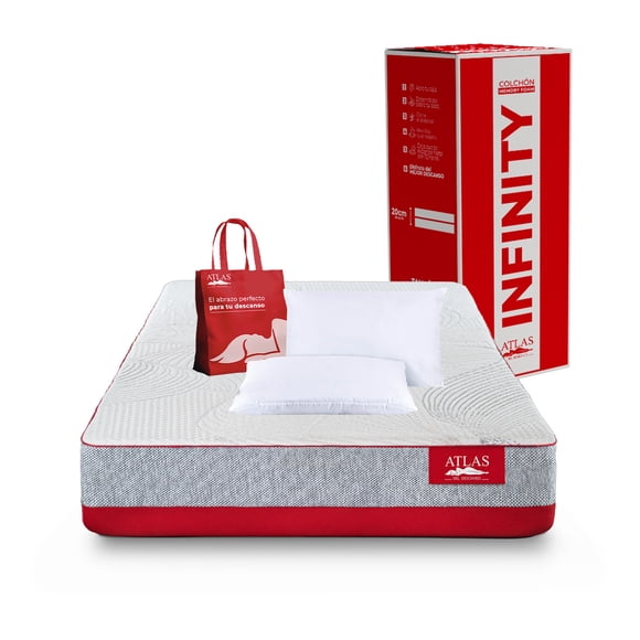 Colchón Atlas Infinity Matrimonial 20 cm Firmeza Media en Caja + 2 Pack de Almohadas Atlas