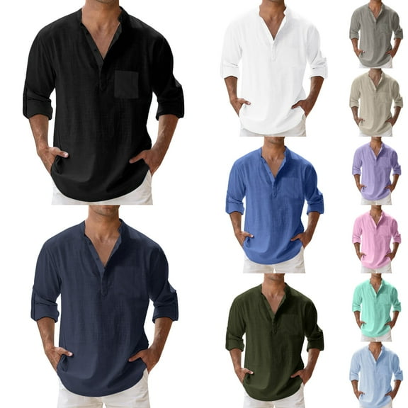 Mens Shirt Men's Solid Cotton Linen Henley Shirts Long Sleeve Hippie Casual Beach T Shirts Mens Beach Shirt Black L