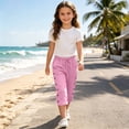 thumbnail image 4 of Twczz Girls Cotton Linen Capris with Pockets- Casual Elastic Waist Straight Leg Quick Dry Kids Beach Pants Pink Size 10-12 Years, 4 of 7