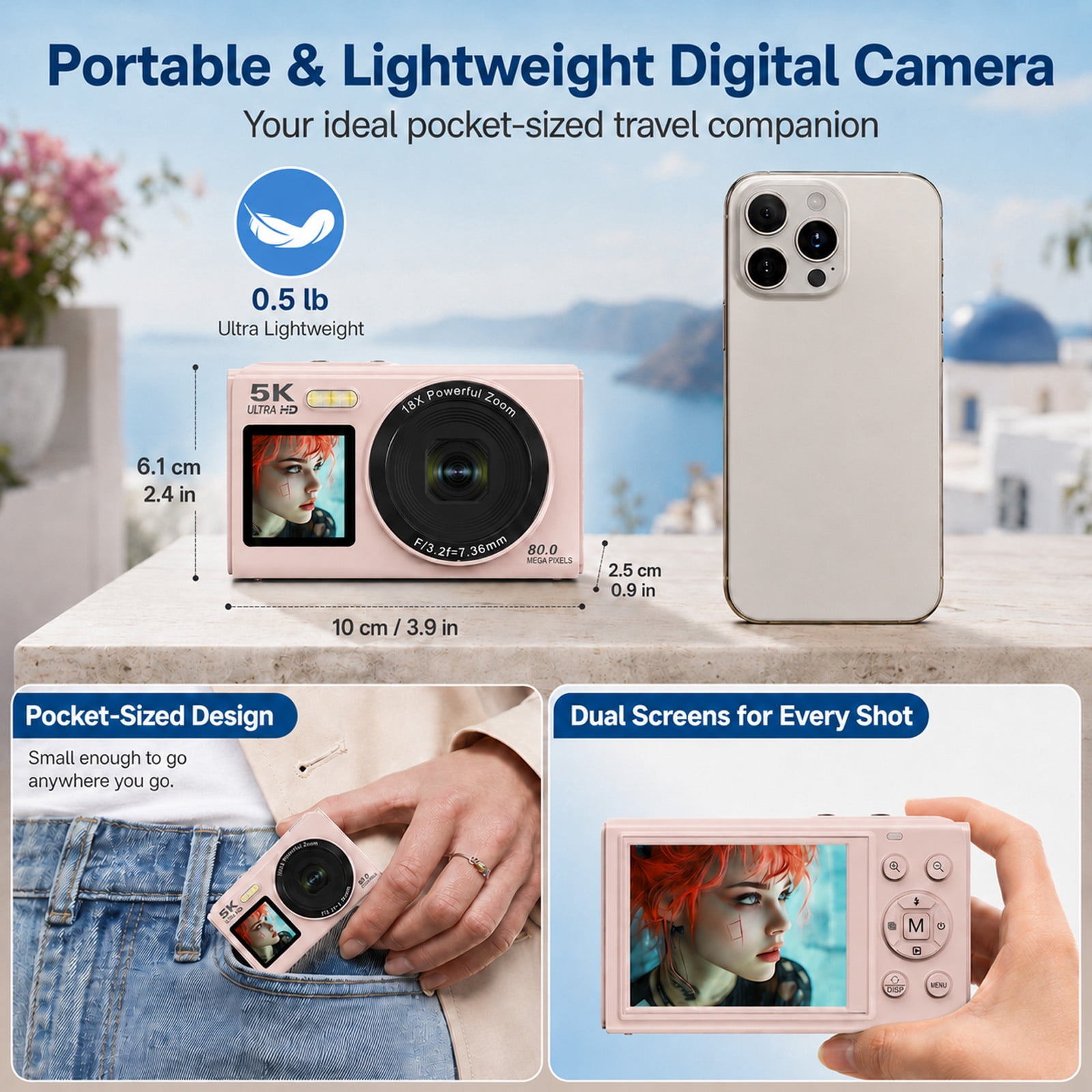 5K 80MP Digital Camera, Dual Screen WiFi Point-and-Shoot Camera with 18X Zoom, Flash and 64GB Card for Vlogging, Teens and Adults, Pink