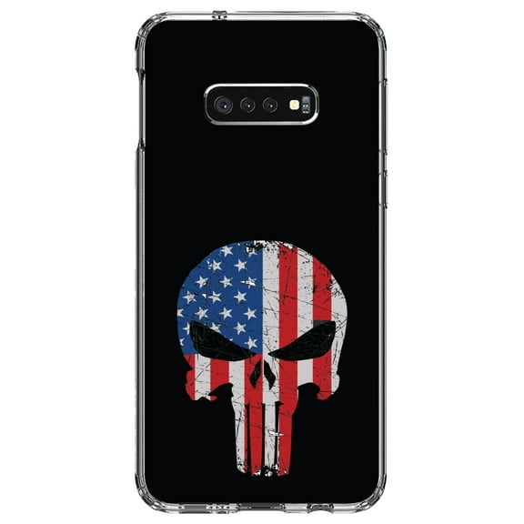 DistinctInk Clear Shockproof Hybrid Case for Samsung Galaxy S10e (5.8" Screen) - TPU Bumper, Acrylic Back, Tempered Glass Screen Protector - US Flag Skull Red White & Blue