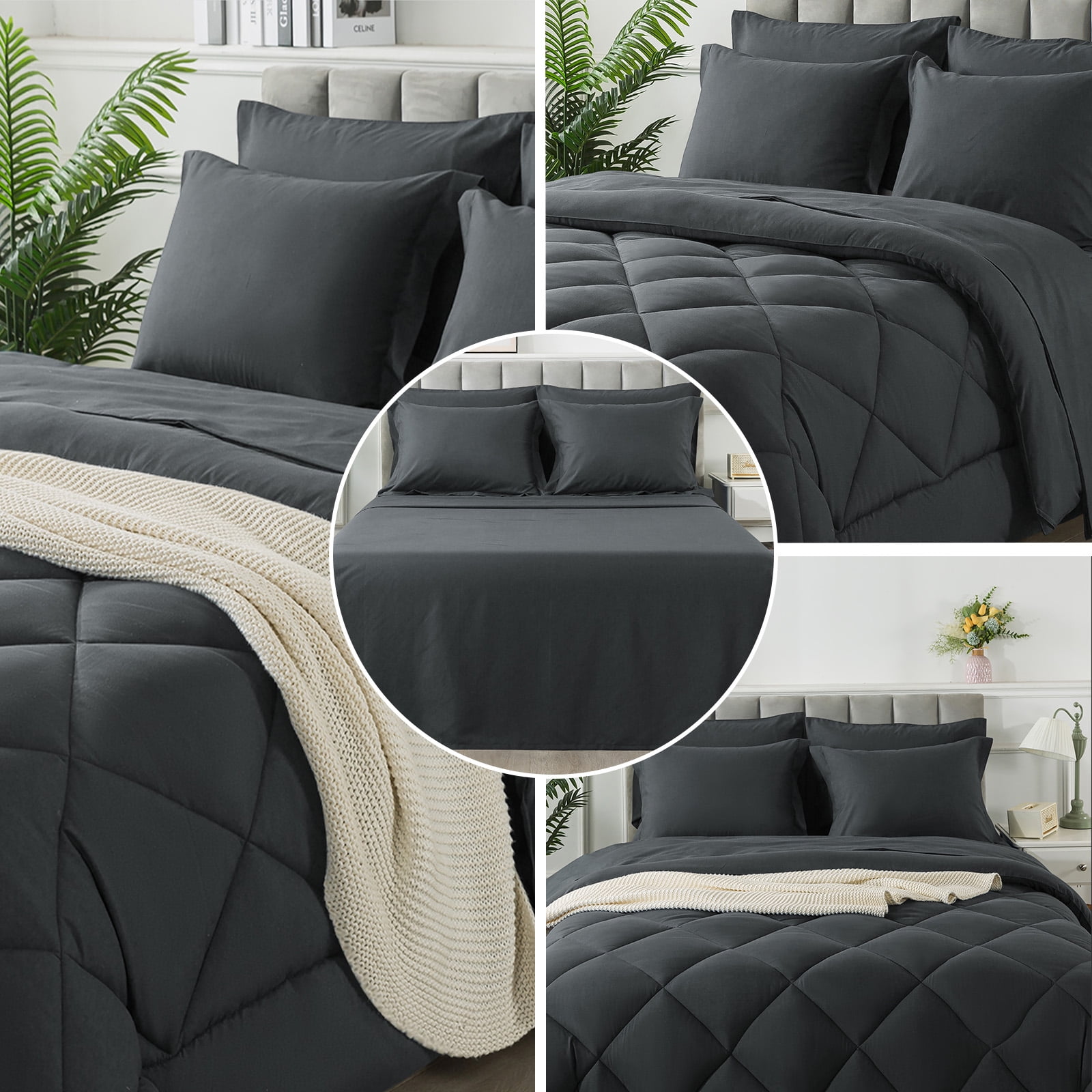 Wishead Queen Bed in a Bag Comforter Set with 7 Pieces - Dark Gray All Season Bedding Sets with Comforter, Pillow Shams, Flat Sheet, Fitted Sheet and Pillowcases
