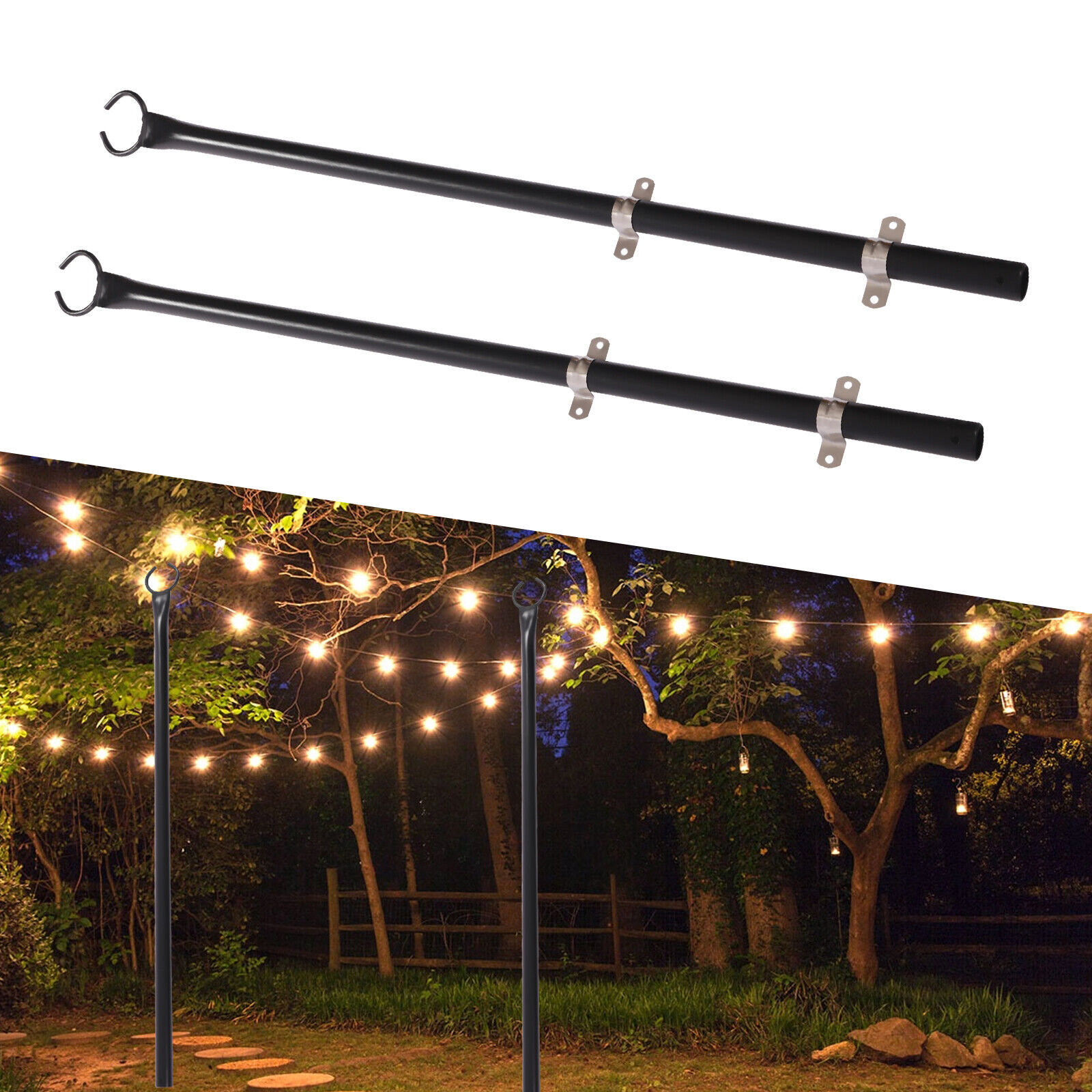 Miumaeov String Light Poles Light Pole Stand for Deck Fence or Patio  Railing Light Post for Hanging Outside Decorate Lighting for Parties Wedding  Camping Pack 8ft with Prong Forks