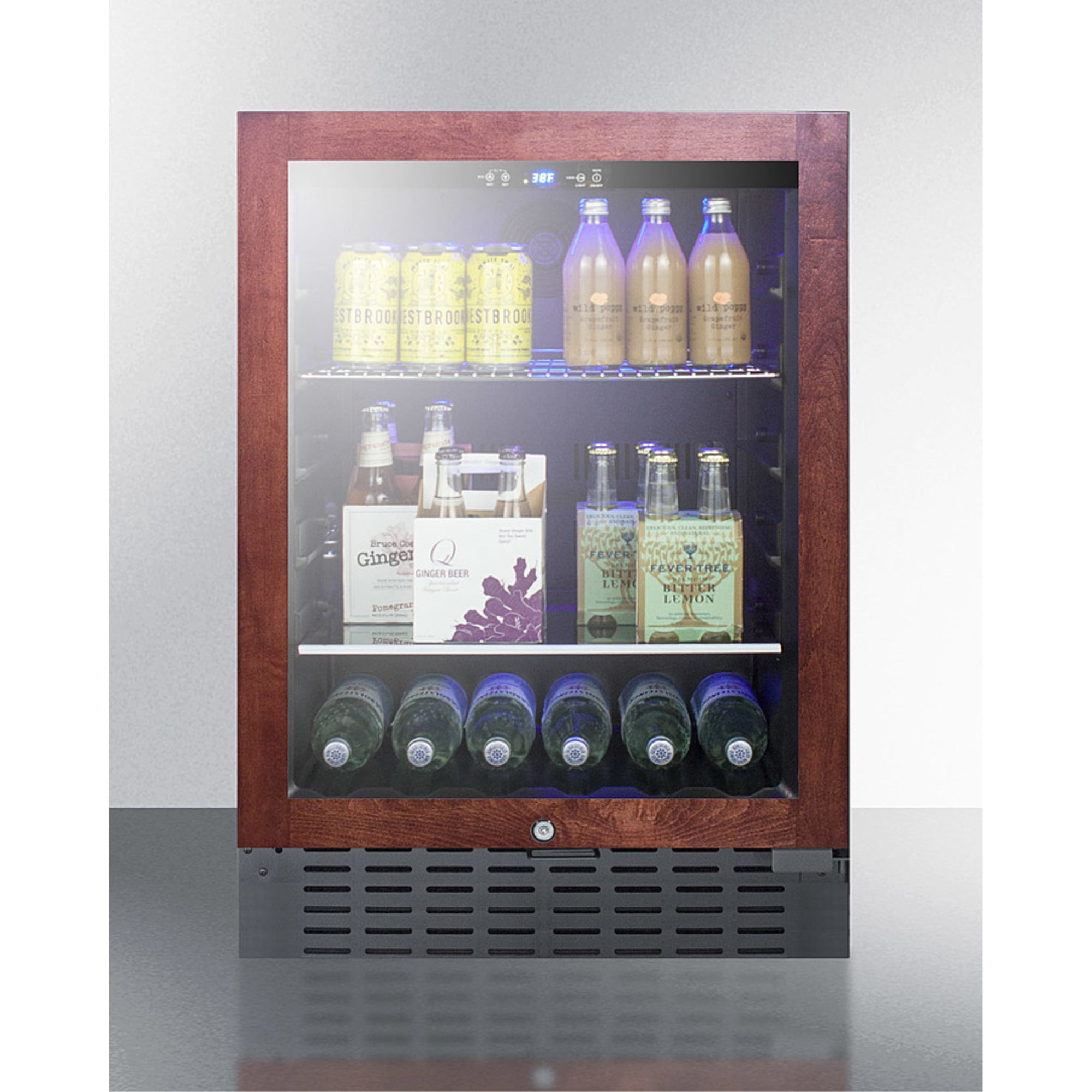Built-in undercounter beverage refrigerator with panel-ready glass door, digital controls, lock, and black cabinet