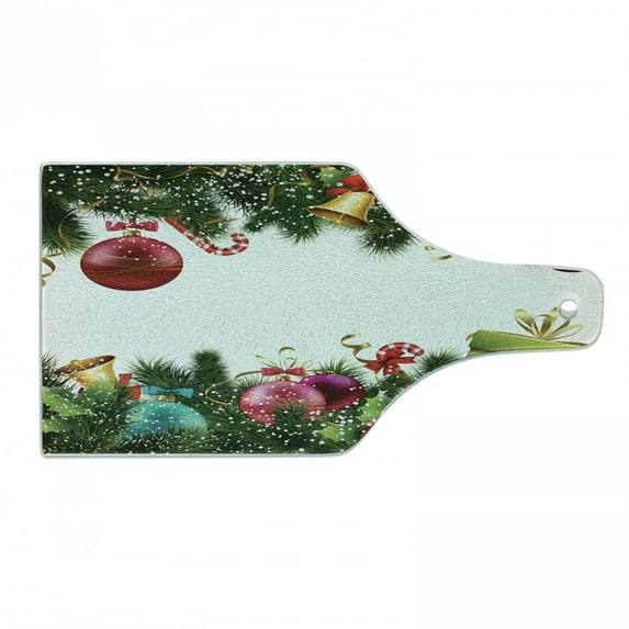 Christmas Cutting Board, Happy New Year Greeting Celebrations with Holly Garland Design, Decorative Tempered Glass Cutting and Serving Board, Wine Bottle Shape, Green Maroon, by Ambesonne