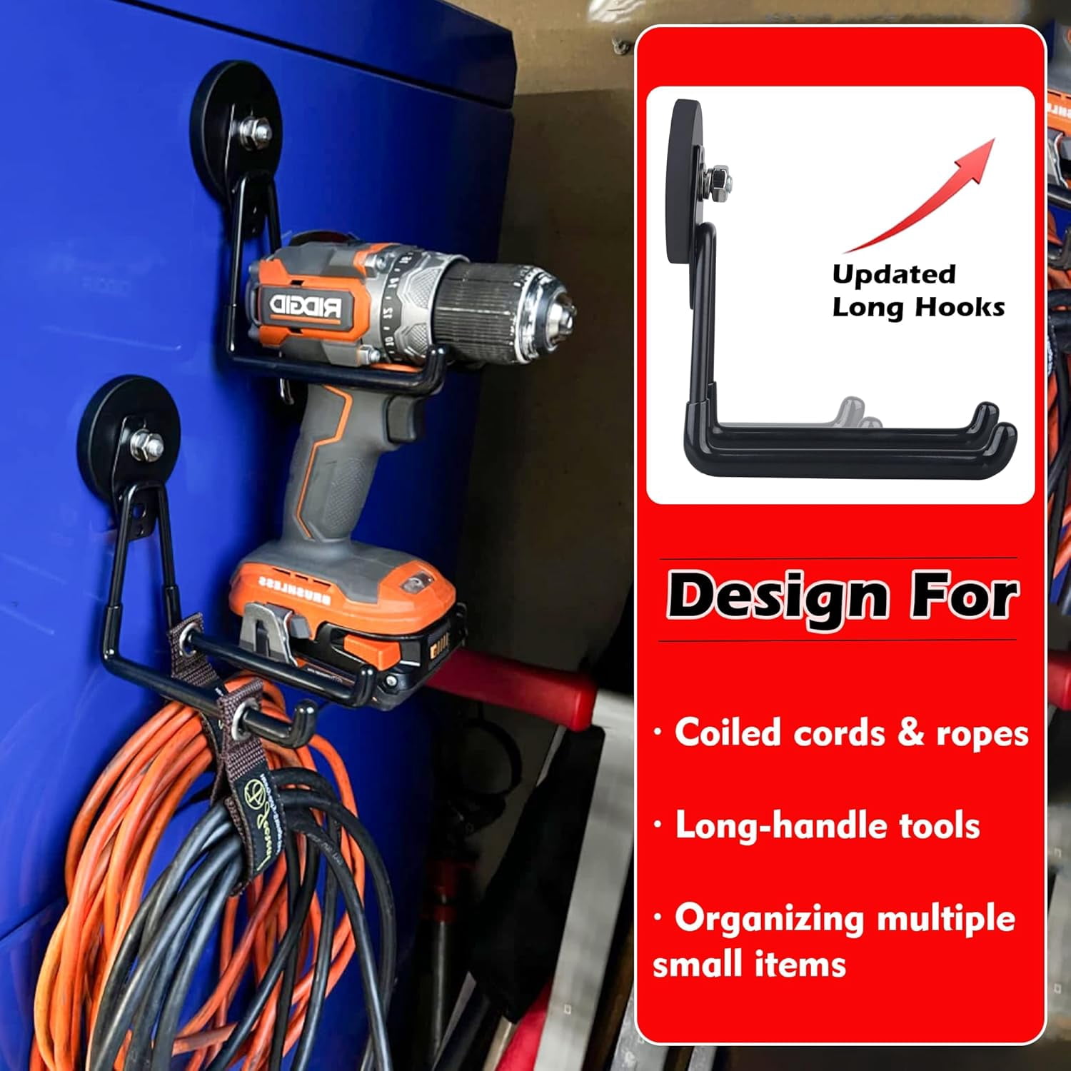 JJEAN-Magnetic Hooks Heavy Duty,2PCS Strong Magnetic Garage Hooks for Cruise Cabins,Anti-Scratch Magnet with Long Hooks for Power Drill,Garden Tools,Hose,Tool Chest,Steel Pegboard,Workshop